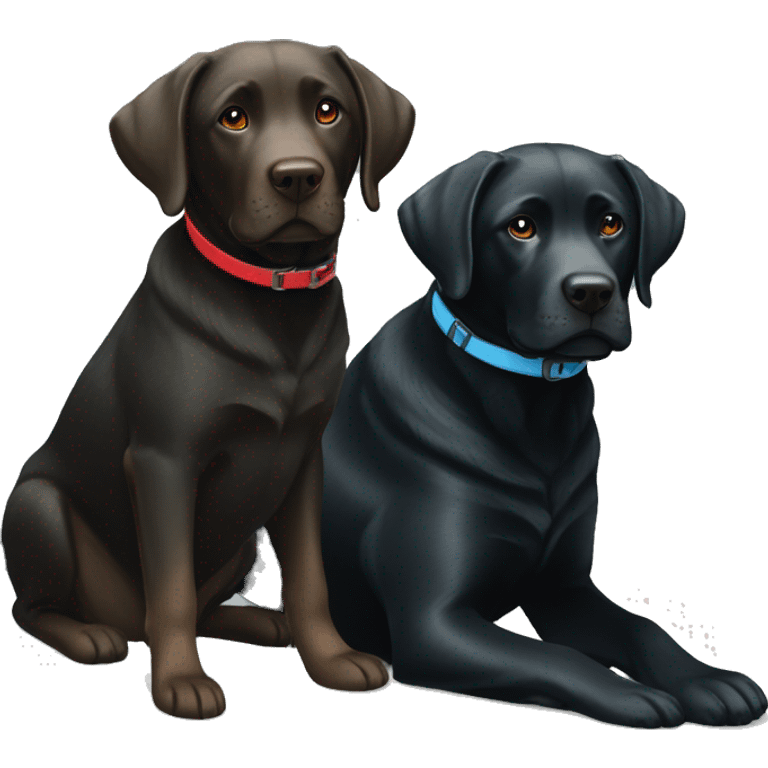 black-coloured labrador on the left with red collar, black-coloured labrador on the right with light blue collar. emoji