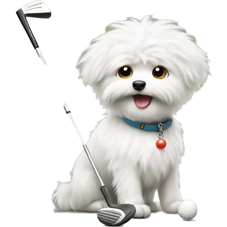 Small white fluffy dog playing golf emoji