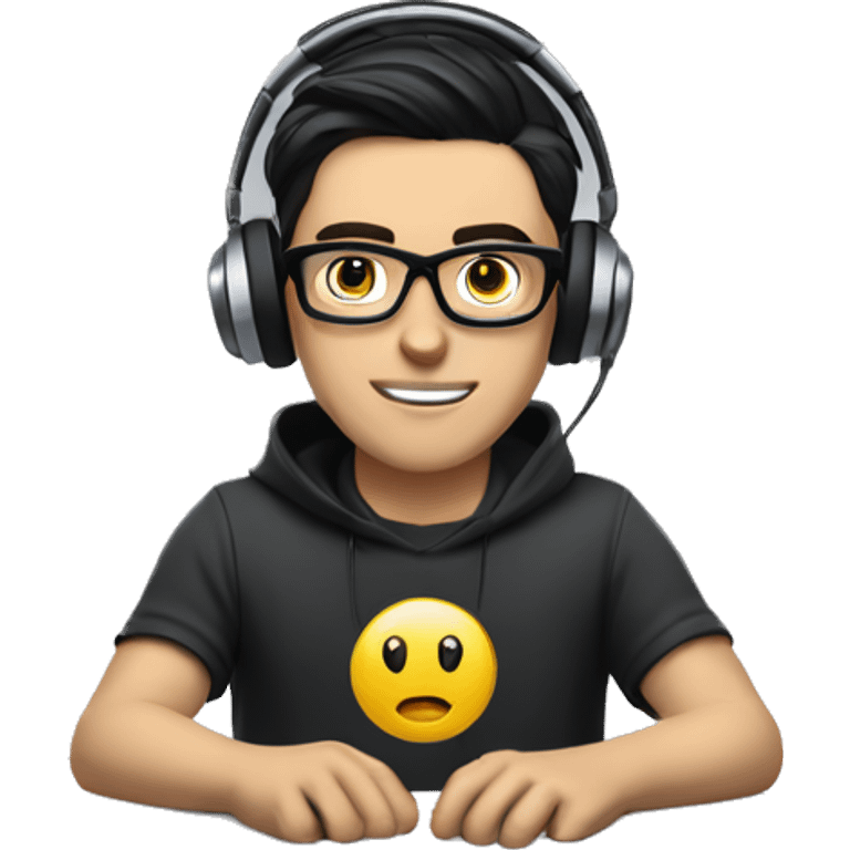 white boy with dark hair and glasses wearing gaming headset and sitting at desk on desktop computer   emoji