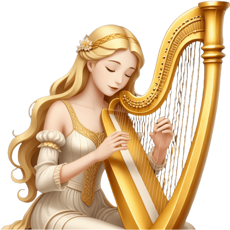 Cinematic Realistic Harp, a grand golden harp with intricately carved details, delicate strings shimmering under soft candlelight, rich wood tones adding warmth, a musician’s gentle fingers plucking a note, glowing with an ethereal and majestic aura. emoji