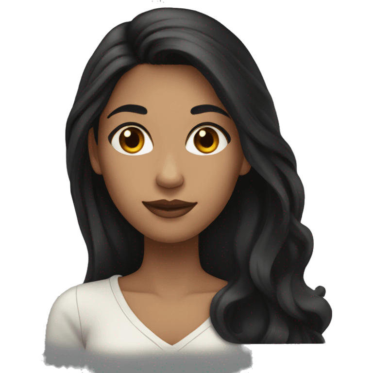 black-haired woman with long hair, dark brown eyes, showing a heart emoji