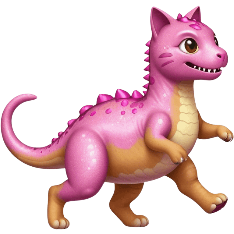 A cat running away from a pink dinosaur with glitter  emoji