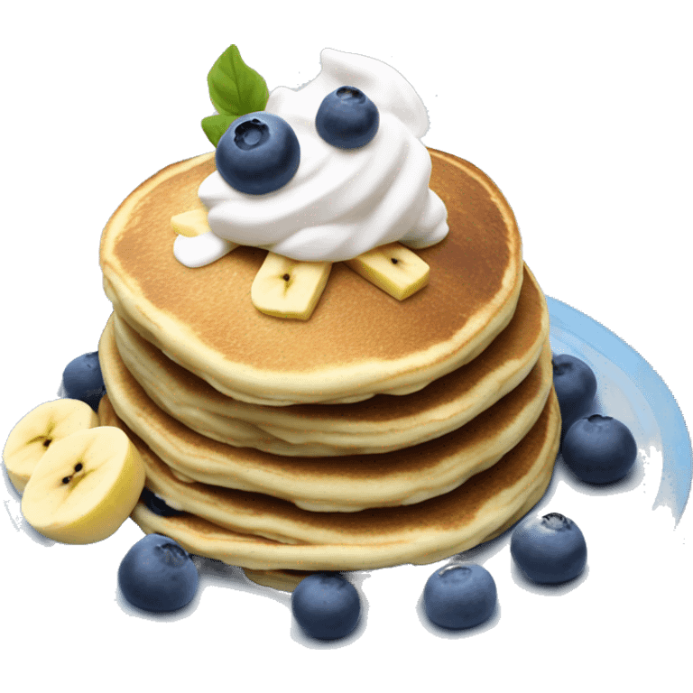 Blueberry pancakes with whip cream and 1 banana sticking in the top emoji