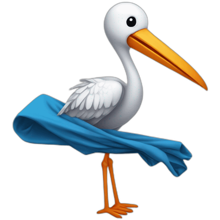  A stork is carrying a blue bundle of cloth in its beak that has a cute white baby face peeking out from it with black head emoji