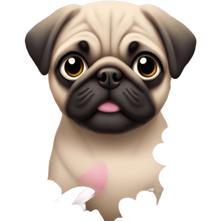 Baby pug playing in pink flowers with pink eyes  emoji