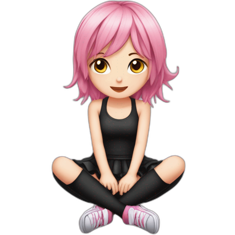 Full body Front view curvy emo girl pink hair sits on the floor straight view hands up black skirt полосатые рваные чулки emoji