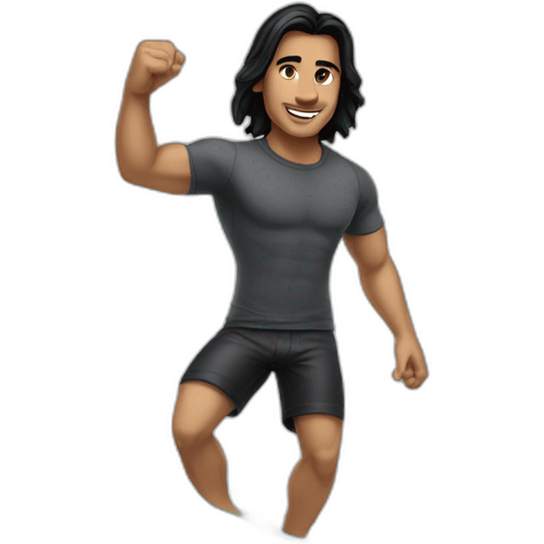 guy with long black hair in short and t-shirt surfing a wave emoji