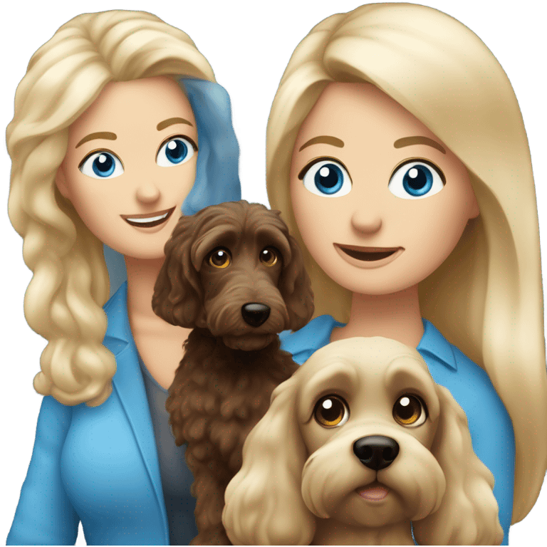 62 year Old blue eyed blonde lady with long straight hair with dark brown Cockapoo puppy dog emoji