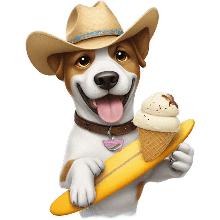 Dog surfing wearing a cowboy hat with an ice cream in his hand emoji