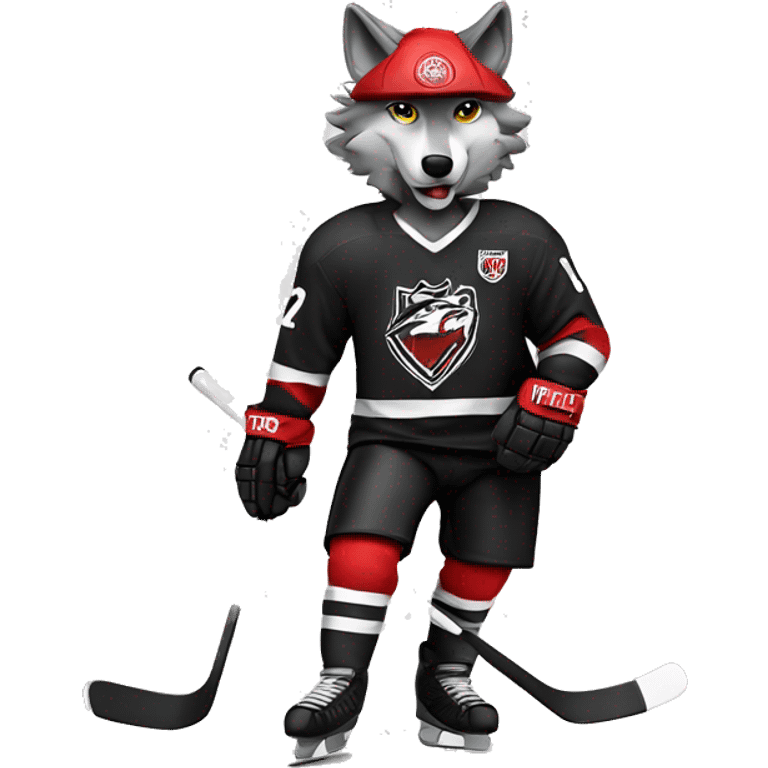 A wolf plays hockey in a black and white red uniform with a wolf emblem on his chest emoji