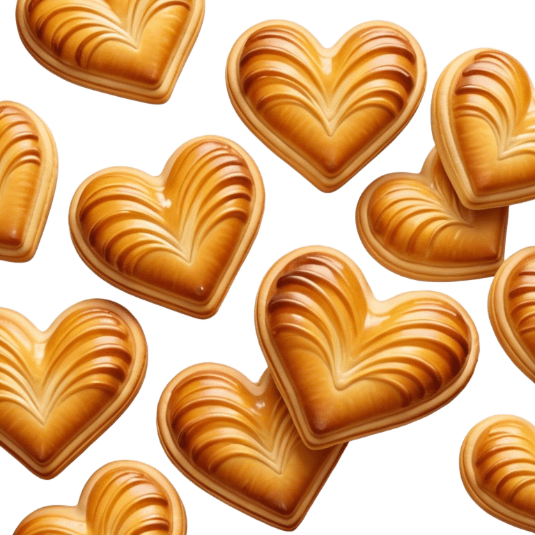 Cinematic crisp palmier, golden-brown heart-shaped pastries, perfectly caramelized layers, delicate and flaky, warm glowing background, inviting and delicious. emoji