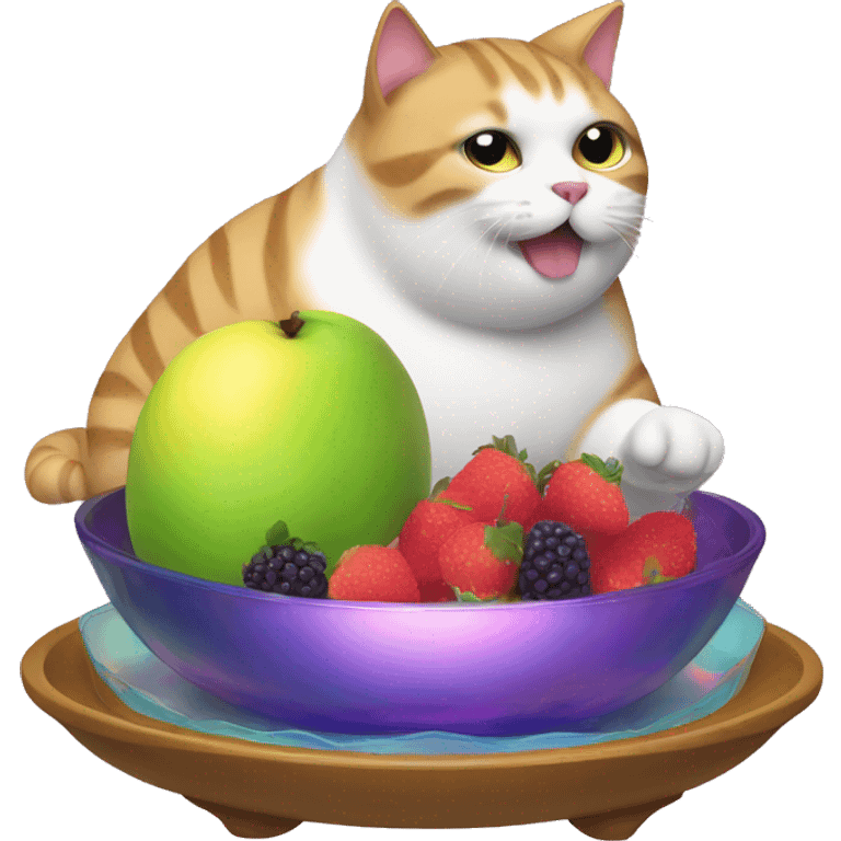 Fat Cat eating a iridescent fruit tray emoji