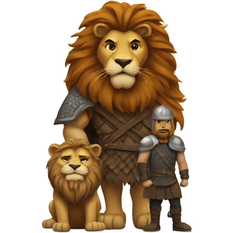 Lion standing on  a man dressed as a Viking  emoji