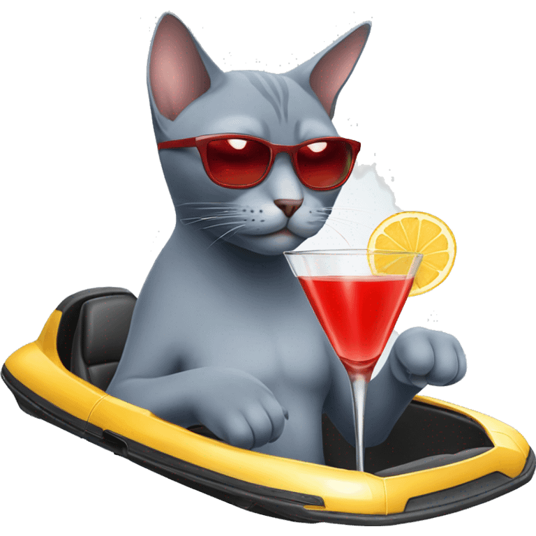 Russian blue cat wearing a red swimsuit drinking a martini and driving a Lamborghini  emoji