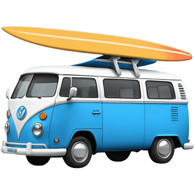 Blue type 2 vw bus with surf board emoji