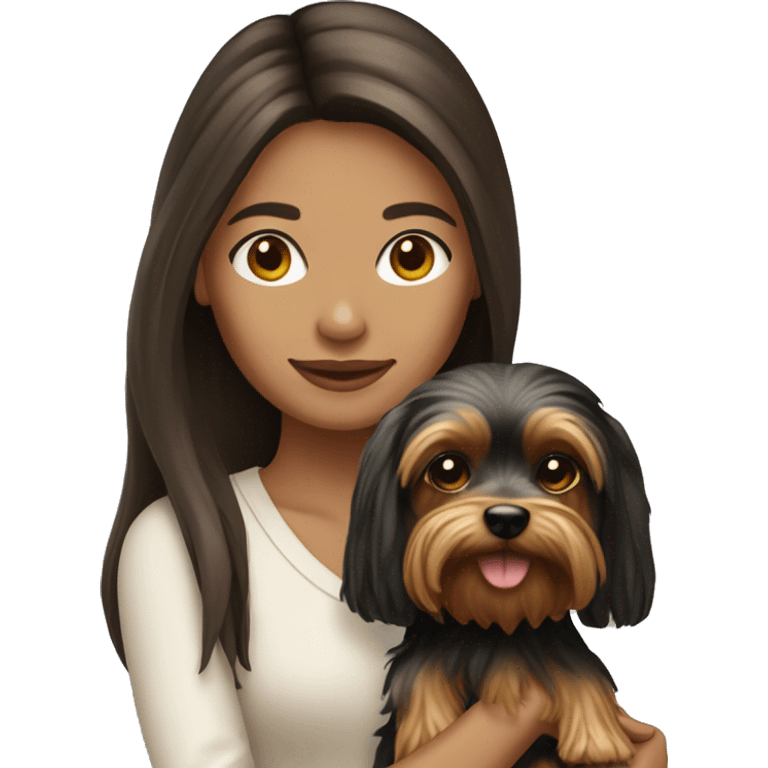 Brunette long hair girl light tan skin holding yorkie dog emoji