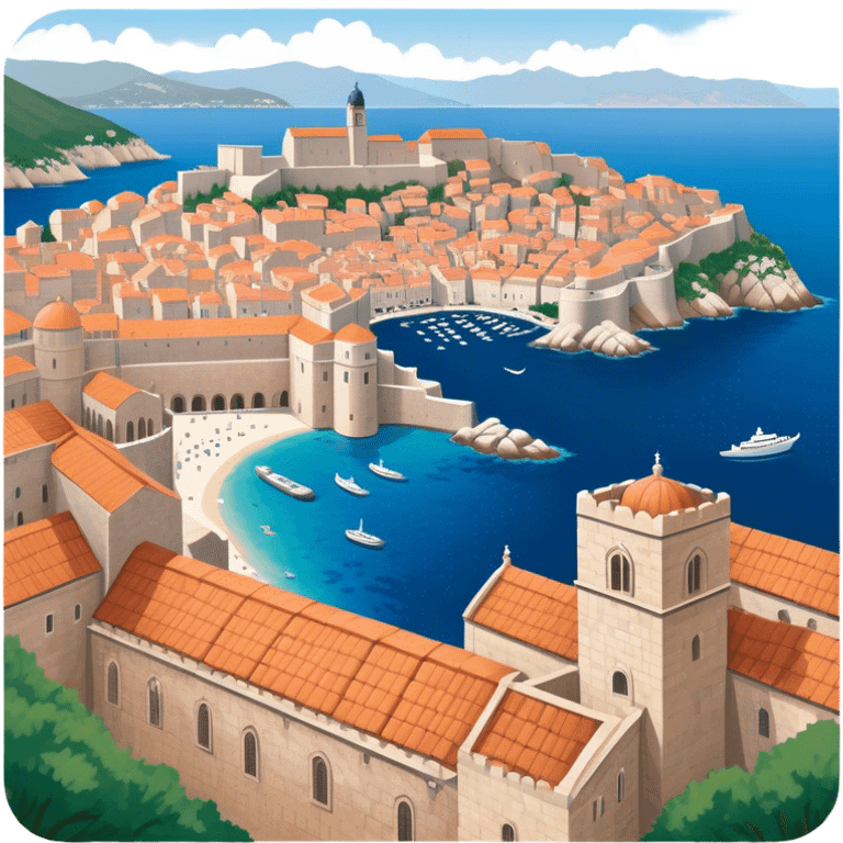 Cinematic Realistic Dubrovnik Landmark Emoji, showcasing the historic walled city with its terracotta rooftops, stone fortifications, and the deep blue Adriatic Sea stretching beyond. emoji