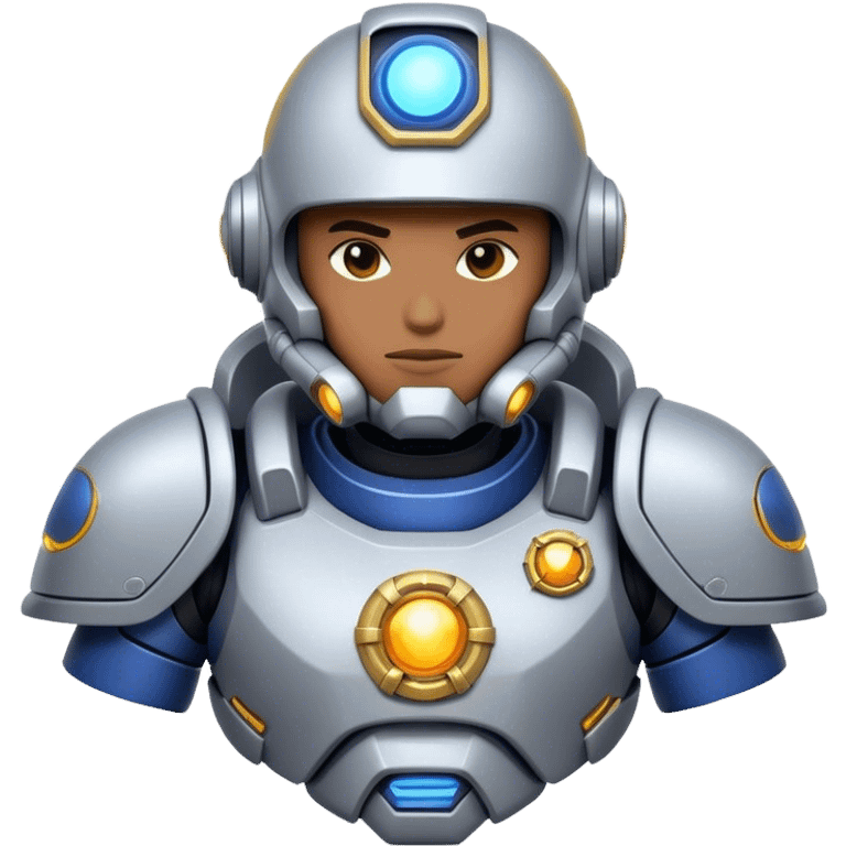 Clash of Clans aesthetic: Cinematic heroic Terran Marine Hero close up Emoji, rendered in a 3D vector-style similar to standard emojis with minimal shading and bold, simplified shapes. A compact, heroic isometric figure clad in futuristic power armor with signature energy accents, softly glowing with a cosmic battle charm. Simplified yet unmistakably iconic, highly detailed and consistent, glowing with a soft radiant shine and high gloss. Stylized with a touch of interstellar valor and a soft glowing outline, capturing the essence of an elite space warrior with a friendly, playful manner! emoji