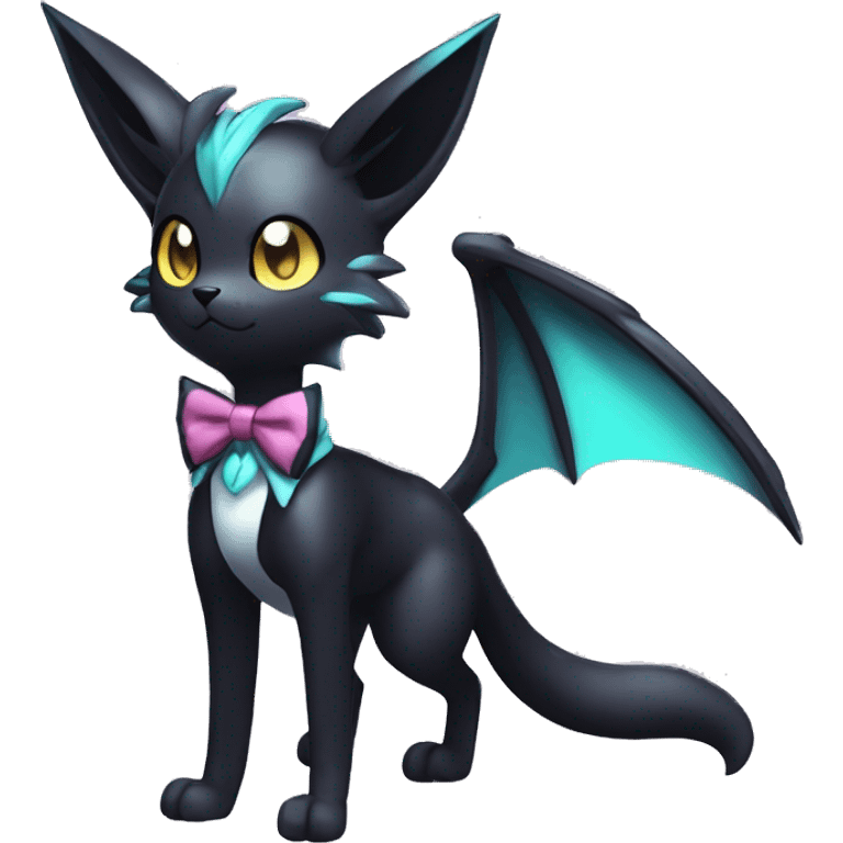 Shiny Cool Edgy Black beautiful ethereal fantasy Kawaii Sona Umbreon-Noibat-Litten-Fakemon-cat-animal with edgy bat-ears bow tie black mane vtuber model Full Body emoji