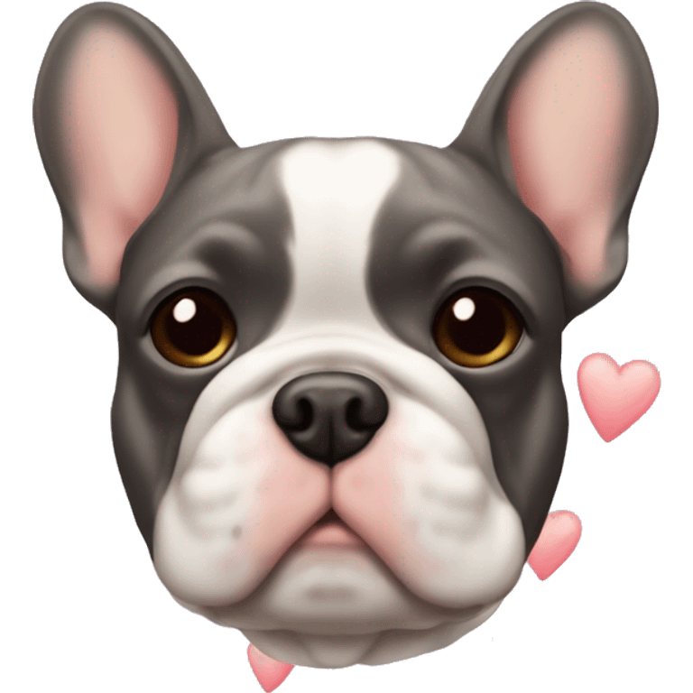 A frenchie with floating hearts around his head emoji