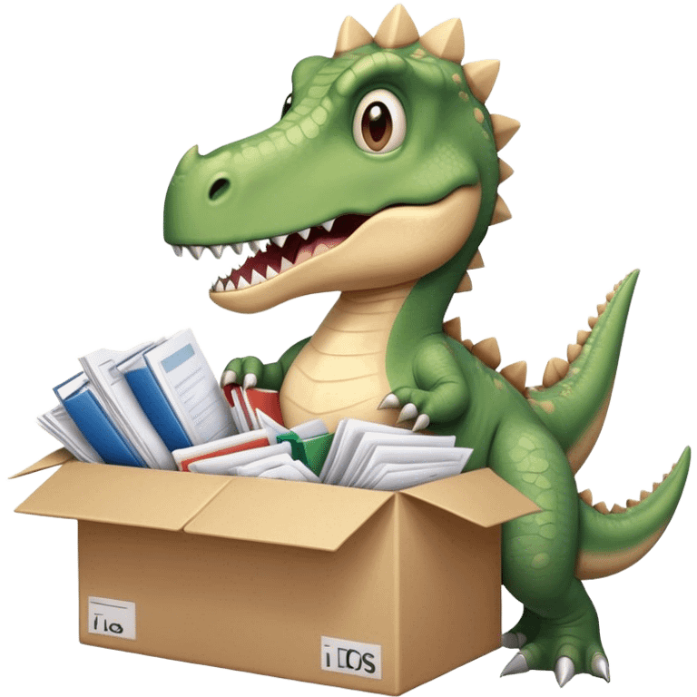 office dinosaur holding a huge boxe bursting with a lot of documents and papers emoji