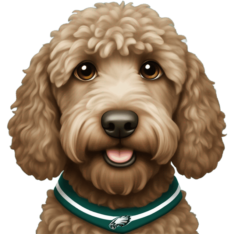 brown Labradoodle wearing a Philadelphia eagles shirt emoji