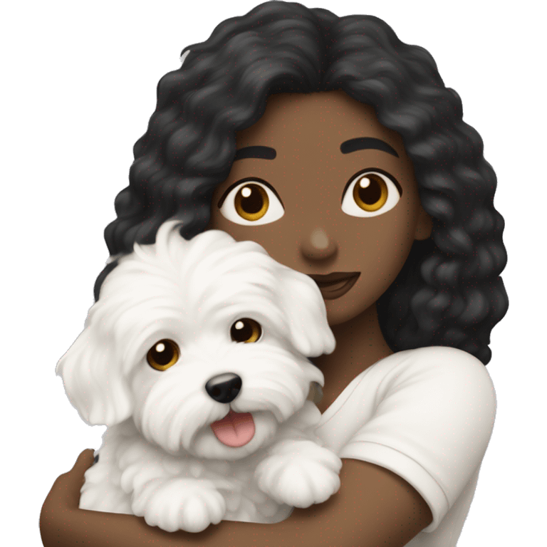 A long black-haired white woman hugging white maltipoo emoji