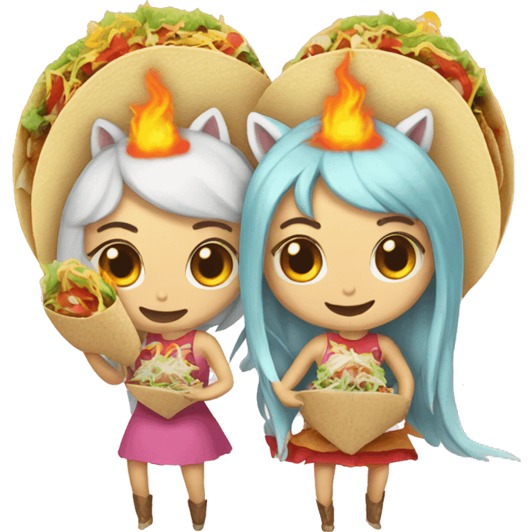 two women eating tacos, riding a unicorn, surrounded by a heart made of fire emoji