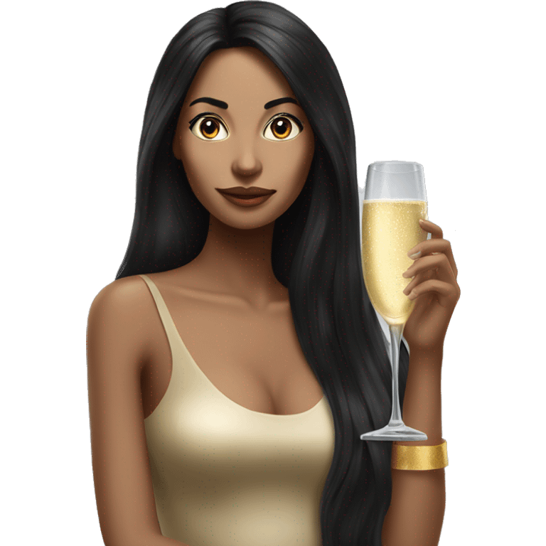 Hyperrealistic woman with black long hair drinks champagne emoji