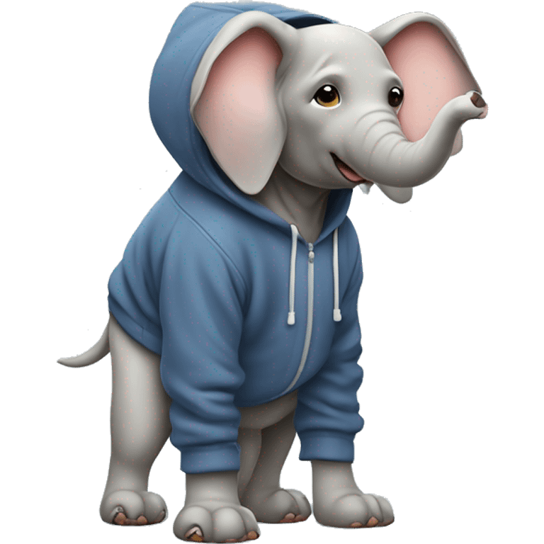 Dog wearing a hoodie and hat and elephant standing on his legs right next to him￼ emoji