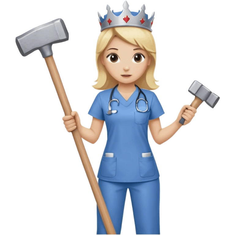 blond nurse girl wearing scrubs with a crown and a sledge hammer emoji