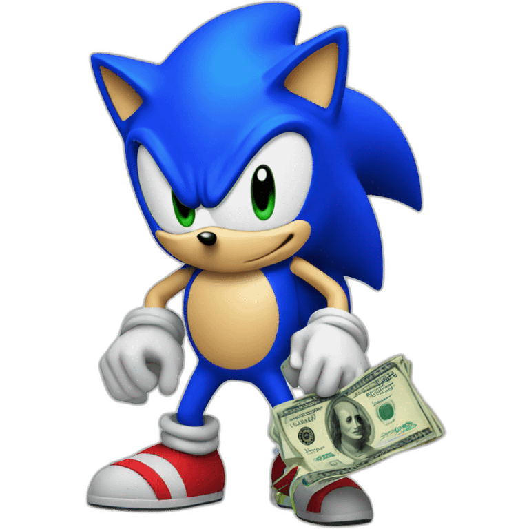 blue sonic with money, looking on top emoji