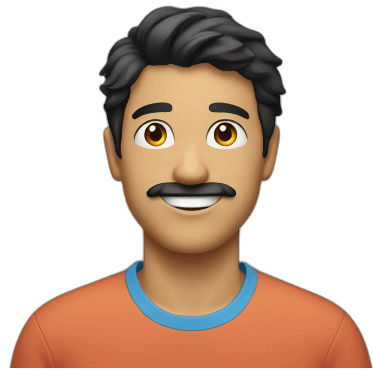 A young man with black hair has a mustache wearing a smiling blue T-shirt emoji