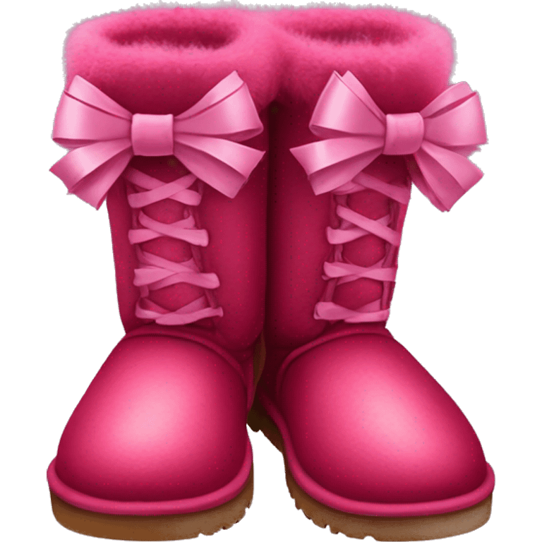 Realistic pair of raspberry color Ugg fur boots laced up with ribbon bows. emoji