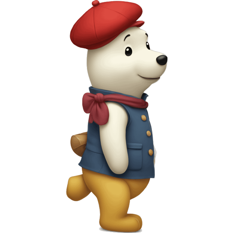 white winnie the pooh, parisien style with red beret on hair and baguette on arms emoji