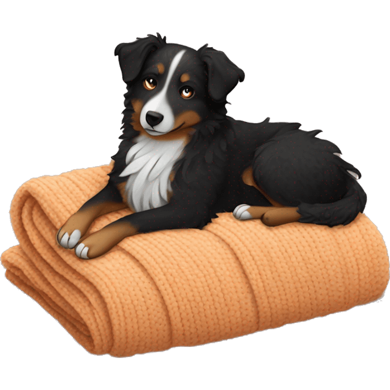 Small black australian shepherd dog sleeping with knit blanket  emoji