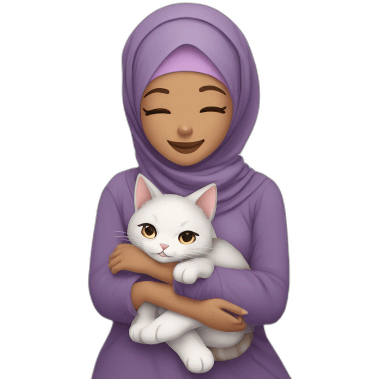 Hijab girl light brown skin purple hijab smiling hugging her cute grey and white cat  emoji