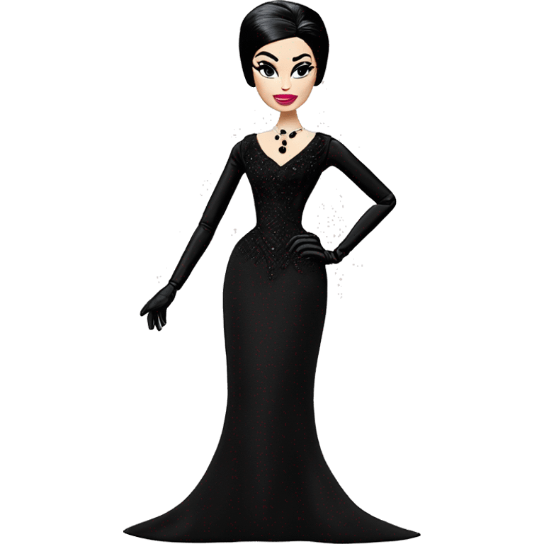 Audrey Hepburn as Sabrina Barbie.Morticia Addams. Show full body. Embroidered long black gown with accessories jewelry and gloves  emoji