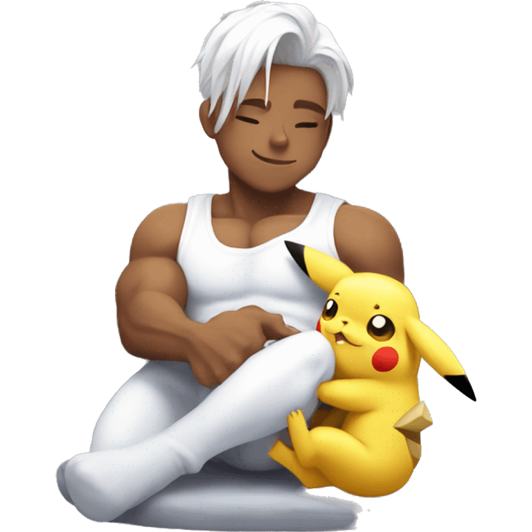 Pikachu cuddling in white bodybuilder lap emoji