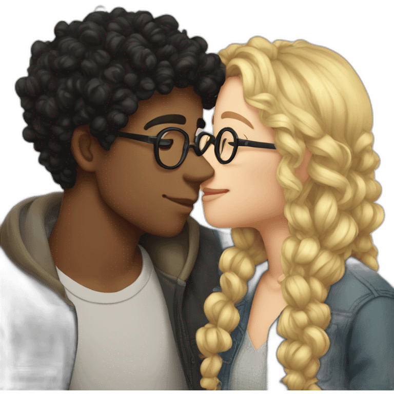 Boy curly blonde hair glasses kissing girl black hair emoji