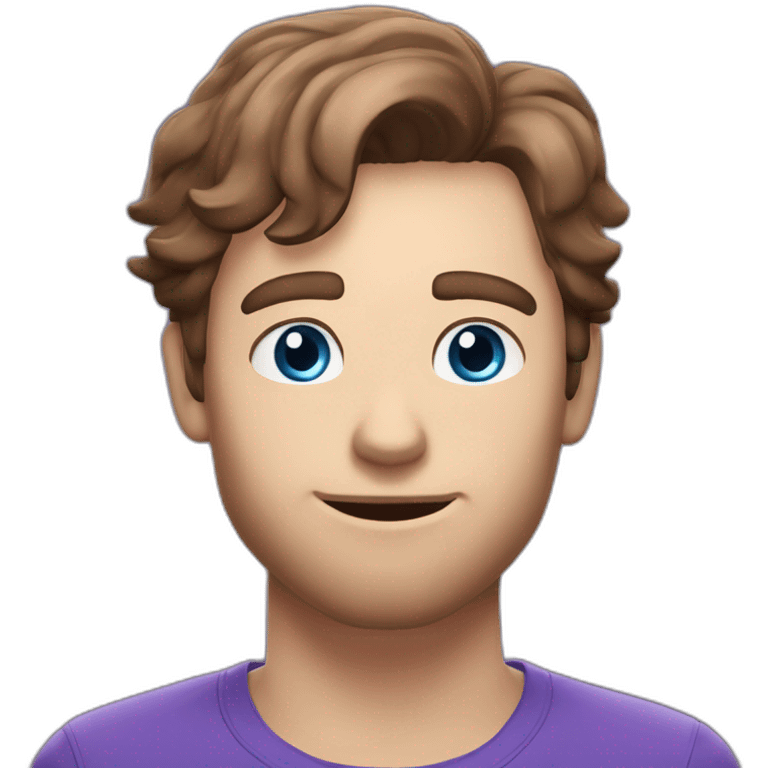 Twitch emote, white male blue eyes brown hair, speach bubble saying hi, purple shirt emoji