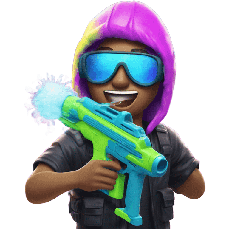 Caucasian boy in glowing rave outfit with mask, sunglasses, and headgear, shooting bubbles out of a water gun emoji