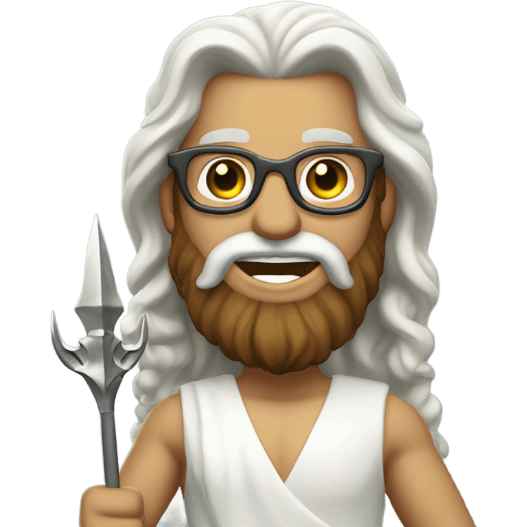 Poseidon with Trident and glasses. long hair white dress. smile . eye blink emoji