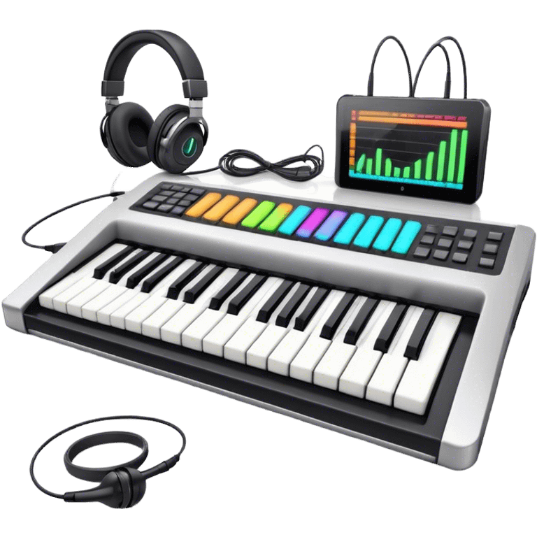 Create a professional and artistic emoji that represents writing music tracks. The design should feature a digital audio workstation (DAW) screen with visible waveforms, a MIDI keyboard, and a high-quality microphone to symbolize the tools used in music production. Add elements like studio headphones and an audio interface to reflect the technical aspects of creating a track. Use sleek, modern colors like silver, black, and neon accents to convey the professional environment of music composition. The background should be transparent. emoji