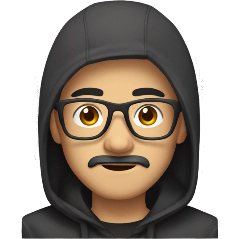 Asian Guy with long black hair and square glasses, mustache and black hoodie emoji