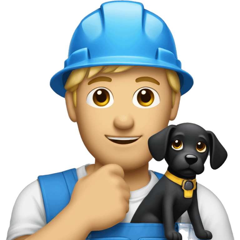 Blonde male construction worker wearing a hat and blue work wear holding a little black dog on his arm emoji