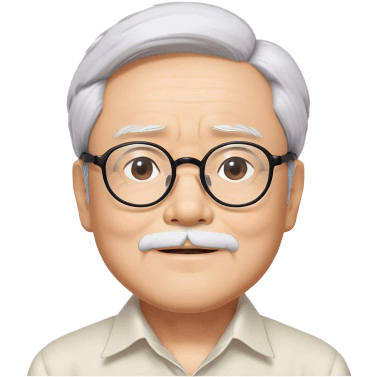 ​Cinematic Realistic Portrait of Hayao Miyazaki, depicted with defined black eyebrows, and large rectangular glasses, his happy expression rendered in lifelike detail, illuminated with soft, realistic lighting that emphasizes his creative genius, emoji