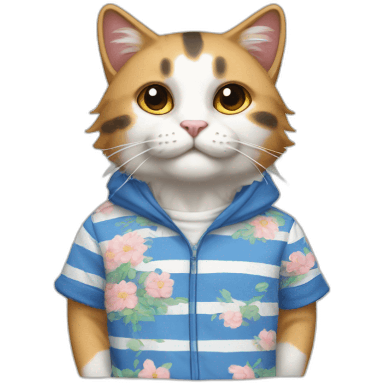 Purradise Meowscles is a buff calico anthropomorphic cat  he has a mullet, a floral designed t shirt that is unbuttoned and blue and white stripped shorts emoji