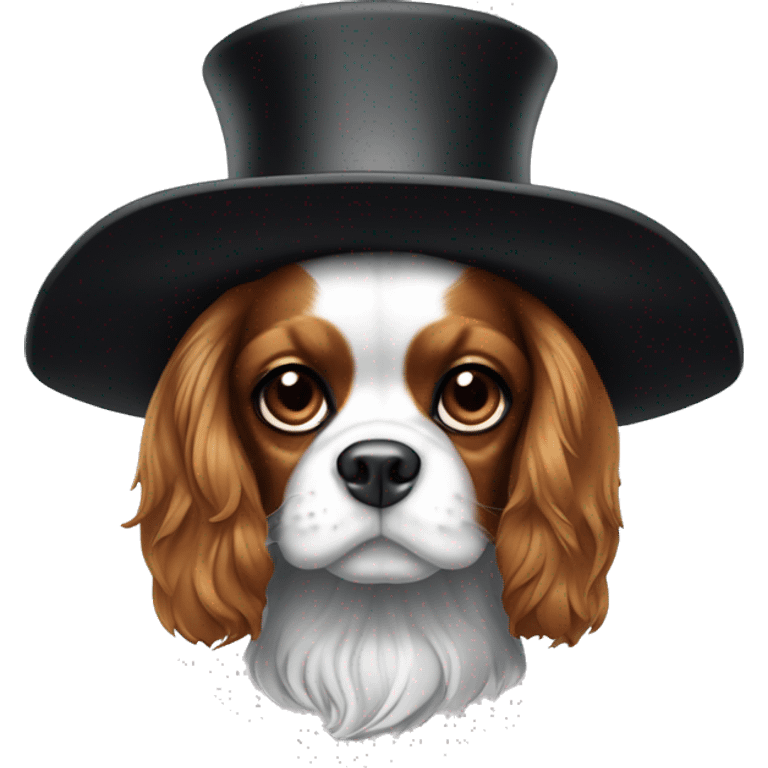 Un cavalier King Charles noir et blanc, avec un chapeau haut de forme chic noir emoji