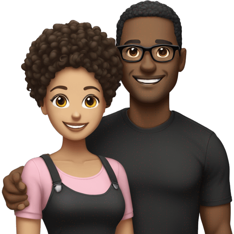 Black man, smiling, curly black hair, with black shirt and light skinned woman, curly bun, smiling, light pink shirt, black glasses emoji